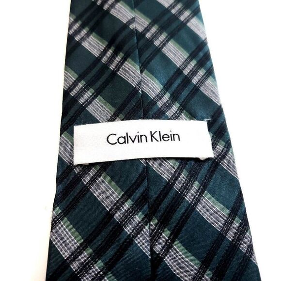 Calvin Klein Green Gray Plaid Woven Viscose Silk Tie - Picture 3 of 6